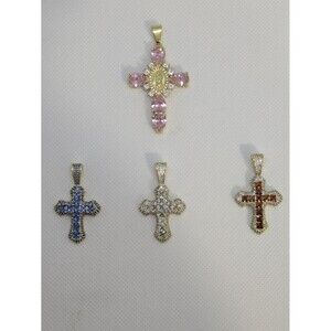 Bundle Of 4 brand new 14K gold over brass multicolor cross pendants W/ CZ Stones